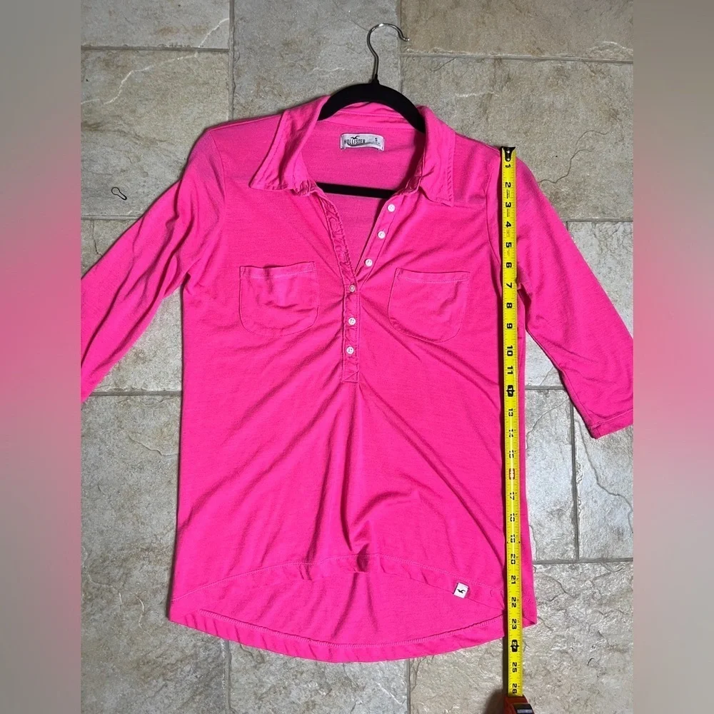 Vintage Hollister Hot Pink 3/4 Sleeve Henley Polo Top Size Small Y2K Preppy